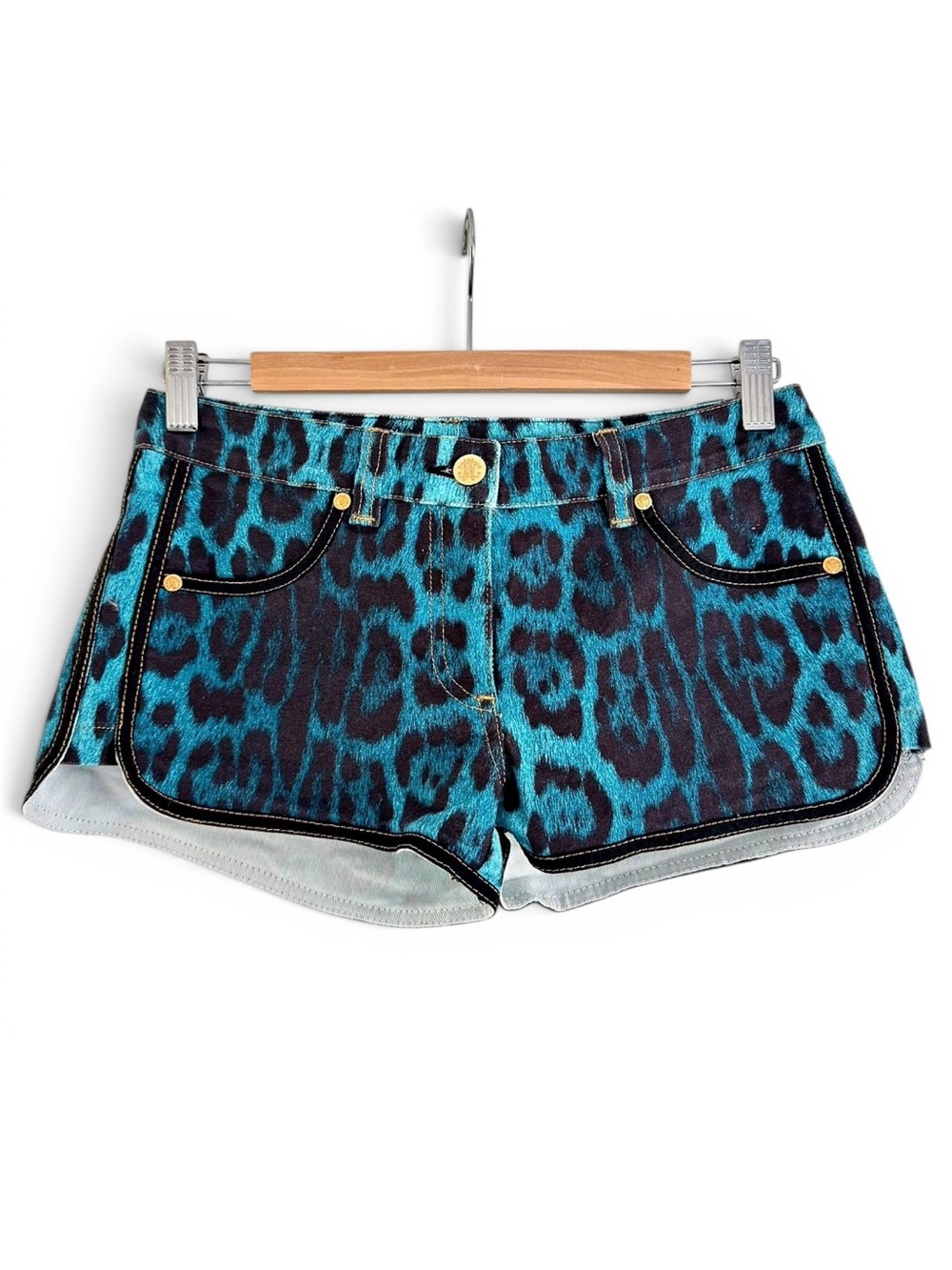 Roberto Cavalli Blue Leopard Print Women's Mini Shorts